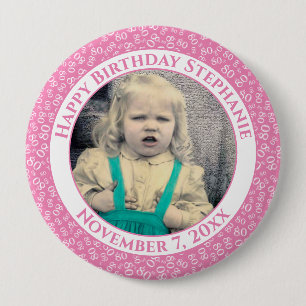 Your Photo 80th Birthday Number Pattern Pink Button