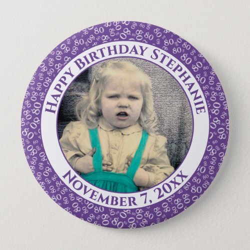 Your Photo 80th Birthday Number Pattern  Purple Button