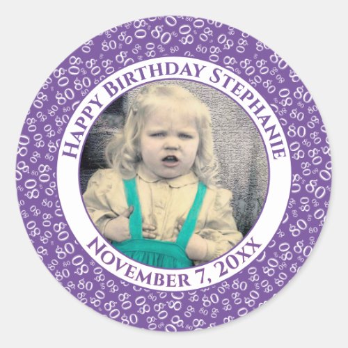 Your Photo 80th Birthday Number  purpleWhite 80 Classic Round Sticker