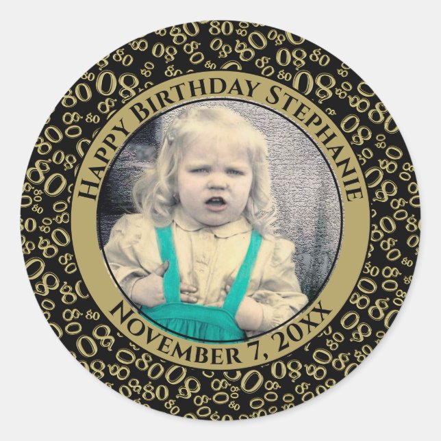 Your Photo 80th Random Number Pattern| Black/Gold Classic Round Sticker (Front)