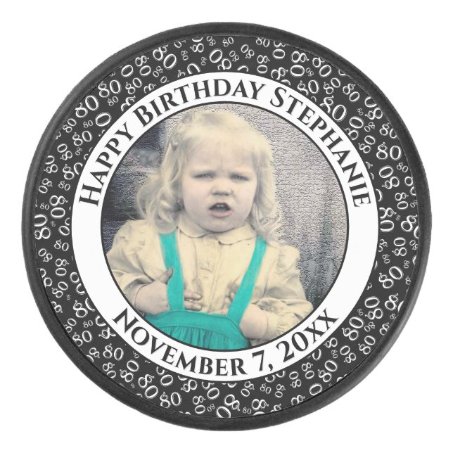 Your Photo 80th Random Number Pattern Black/White Hockey Puck (Front)