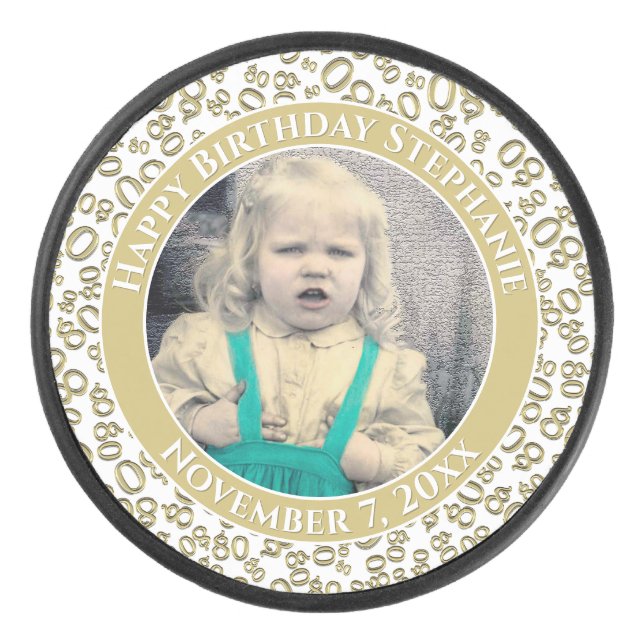 Your Photo 80th Random Number Pattern Gold/White Hockey Puck (Front)