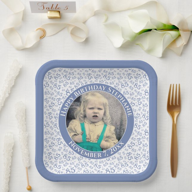 Your Photo 85 Random Number Pattern Blue/White  Paper Plates (Wedding)