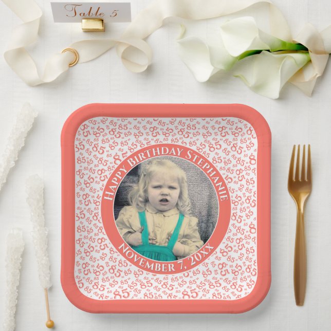 Your Photo 85 Random Number Pattern Coral/White  Paper Plates (Wedding)