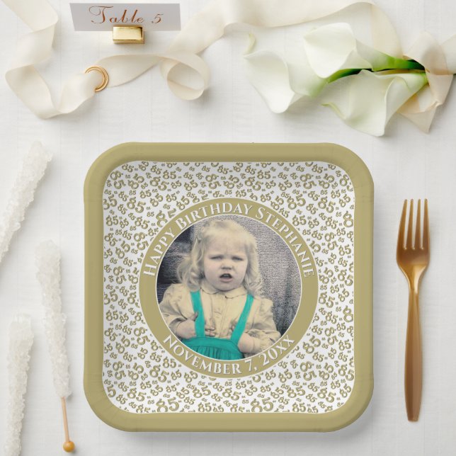 Your Photo 85 Random Number Pattern Gold/White  Paper Plates (Wedding)