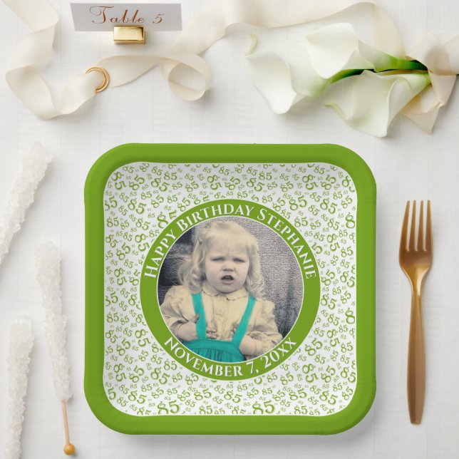 Your Photo 85 Random Number Pattern Green/White  Paper Plates (Wedding)