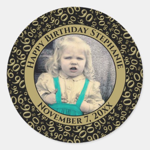 Your Photo 90th Birthday Number  BlackGold 90 Classic Round Sticker
