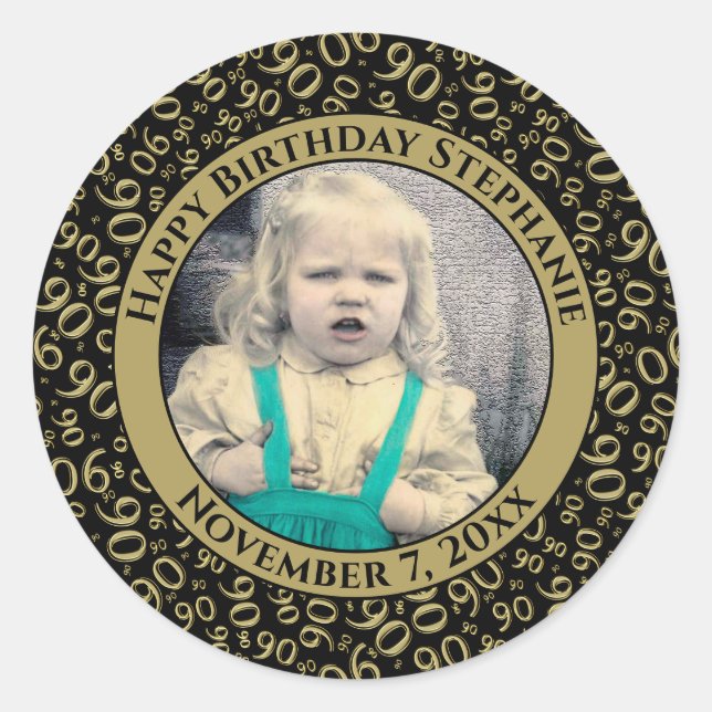 Your Photo 90th Birthday Number | Black/Gold 90 Classic Round Sticker (Front)