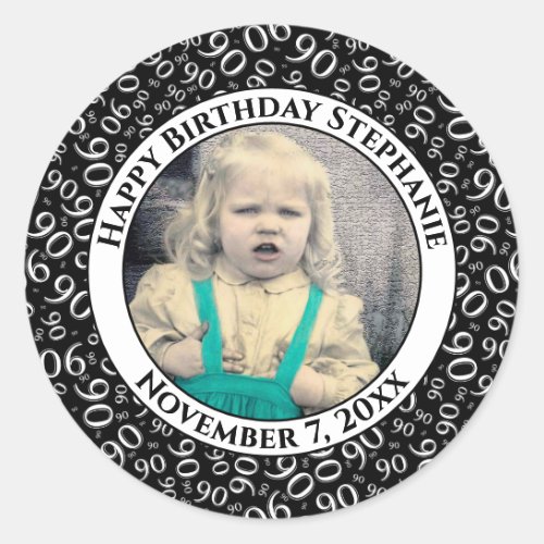 Your Photo 90th Birthday Number  BlackWhite 90  Classic Round Sticker