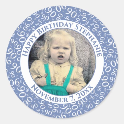 Your Photo 90th Birthday Number  BlueWhite 90 Classic Round Sticker