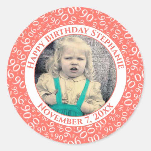 Your Photo 90th Birthday Number  CoralWhite 90 Classic Round Sticker