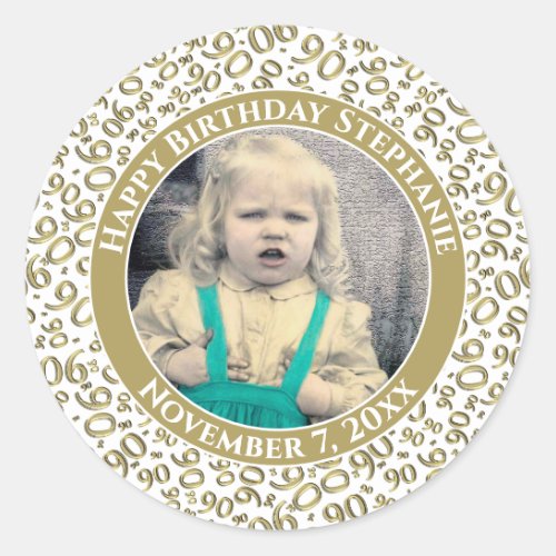 Your Photo 90th Birthday Number  GoldWhite 90  Classic Round Sticker
