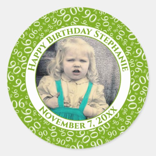 Your Photo 90th Birthday Number  GreenWhite 90 Classic Round Sticker