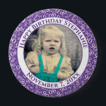 Your Photo 90th Birthday Number Pattern | Purple Button<br><div class="desc">This is a commemorative button with your photo and text for celebrating your 90th Birthday. There is a text template to make it easy to personalize the message and date. There is also a photo template to make it easy to add your image. This purple-and-white picture frame is a random...</div>