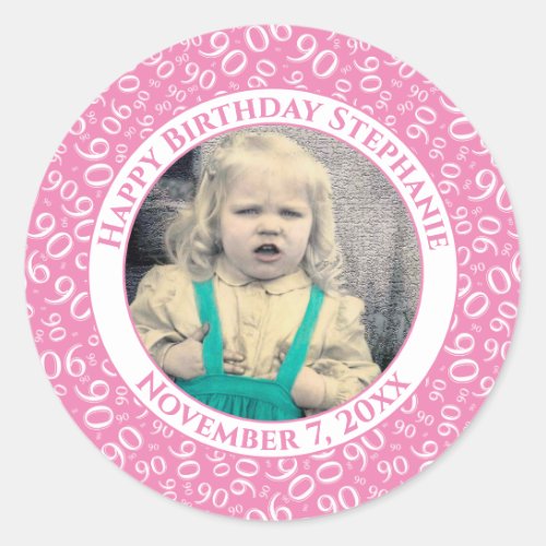 Your Photo 90th Birthday Number  PinkWhite 90 Classic Round Sticker