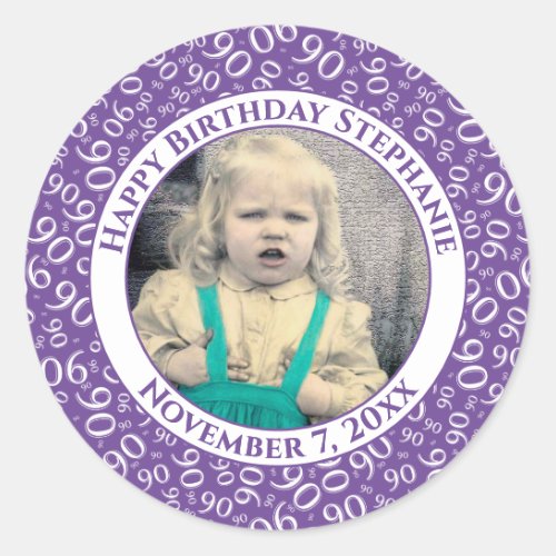 Your Photo 90th Birthday Number  PurpleWhite 90 Classic Round Sticker