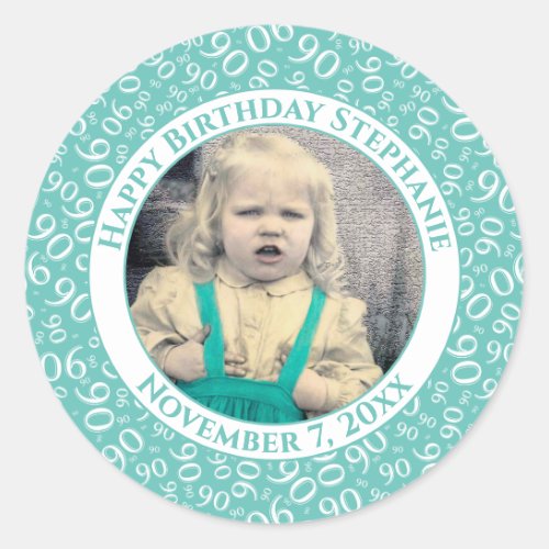 Your Photo 90th Birthday Number  TealWhite 90 Classic Round Sticker