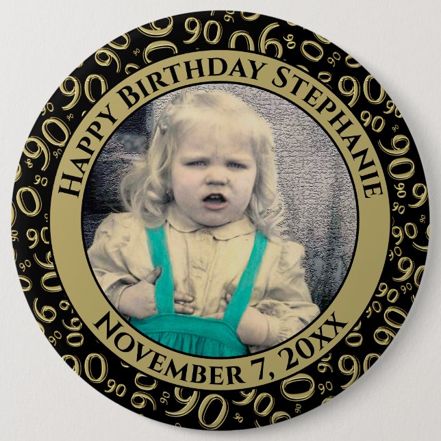 Your Photo:  90th Number Pattern Black & Gold Button (Front)