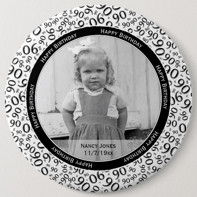 Your Photo 90th Number Pattern Black/White Button (Front)