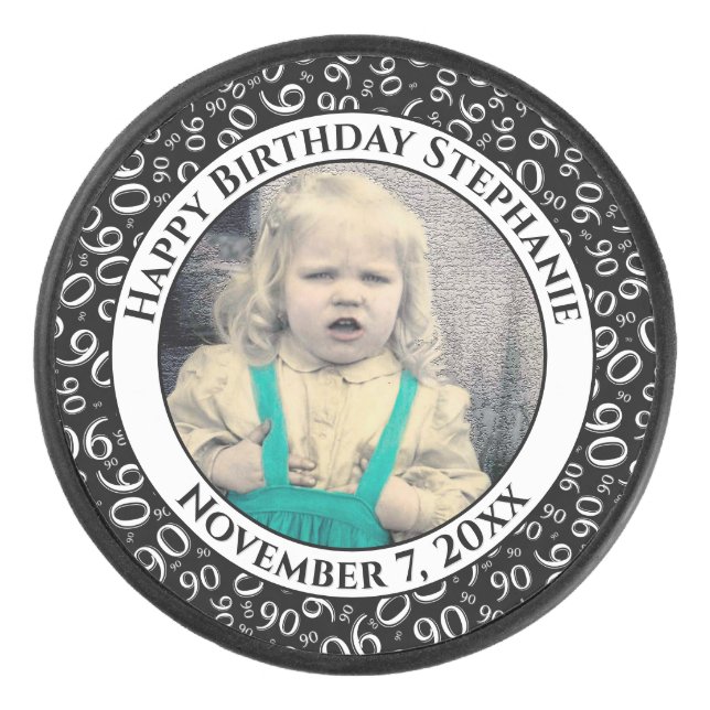 Your Photo 90th Random Number Pattern Black/White Hockey Puck (Front)