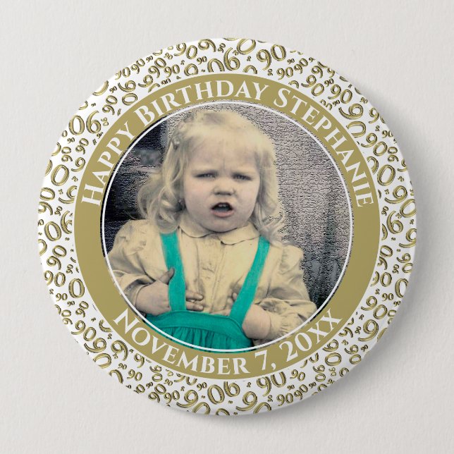 Your Photo 90th Random Number Pattern Gold/White Button (Front)