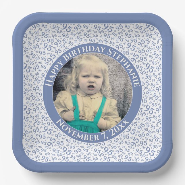 Your Photo 95 Random Number Pattern Blue/White Paper Plates (Front)