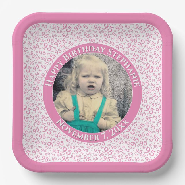 Your Photo 95 Random Number Pattern Pink/White Paper Plates (Front)