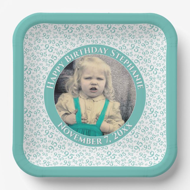 Your Photo 95 Random Number Pattern Teal/White Paper Plates (Front)