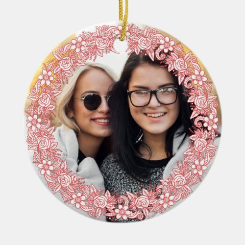YOUR PHOTO and custom text in Flower Wreath Frame Ceramic Ornament