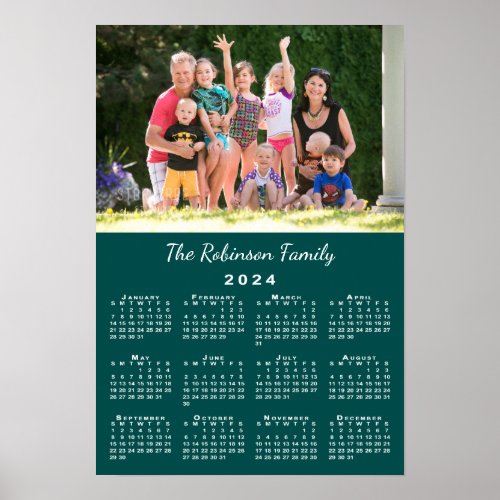 Your Photo and Name Custom Teal 2024 Calendar Poster