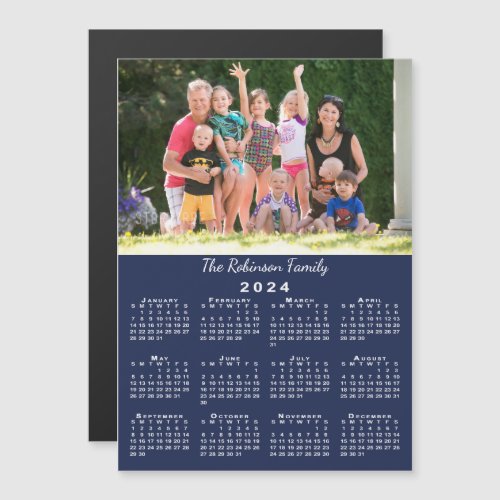 Your Photo and Name Navy Blue 2024 Calendar Magnet