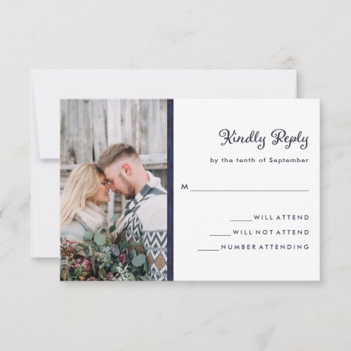 Your Photo and Rustic Blue Wood Look  Wedding RSVP Card