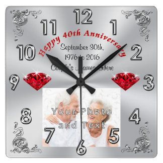 Your PHOTO and TEXT 40th Anniversary Gifts Square Wall Clock
