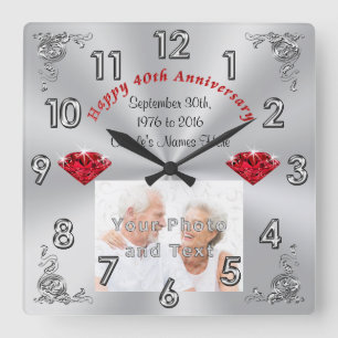 Your PHOTO and TEXT 40th Anniversary Gifts Square Wall Clock