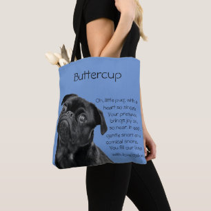 Your Photo and words Black Pug Puppy with Poem Tote Bag