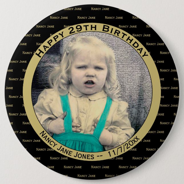 Your Photo Any Birthday Name Pattern Black/Gold Button (Front)