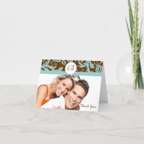 Your Photo Aqua  Brown Damask Wedding Thank You