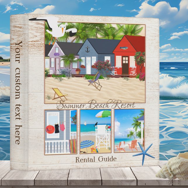 Your Photo Beach Rental Guide Binder (Binder featuring a beach theme on a light wood background with optional custom photos)