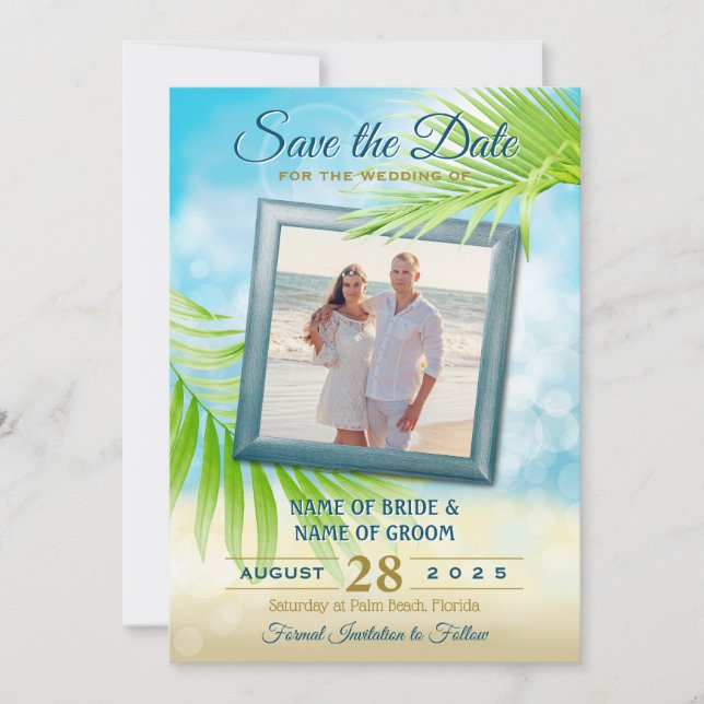 Your Photo Beach Wedding Tropical Palm Tree Leaves Save The Date (Front)