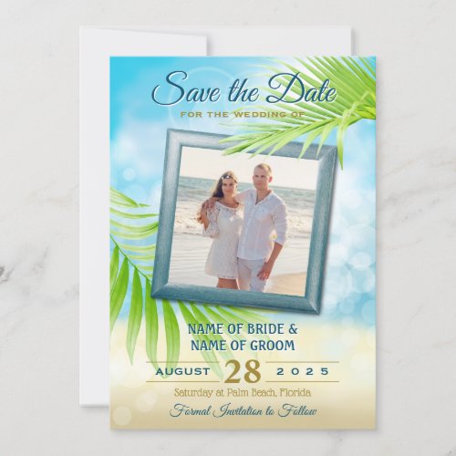 Your Photo Beach Wedding Tropical Palm Tree Leaves Save The Date