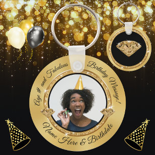 Your Photo Black and Gold Birthday Party Favors Keychain