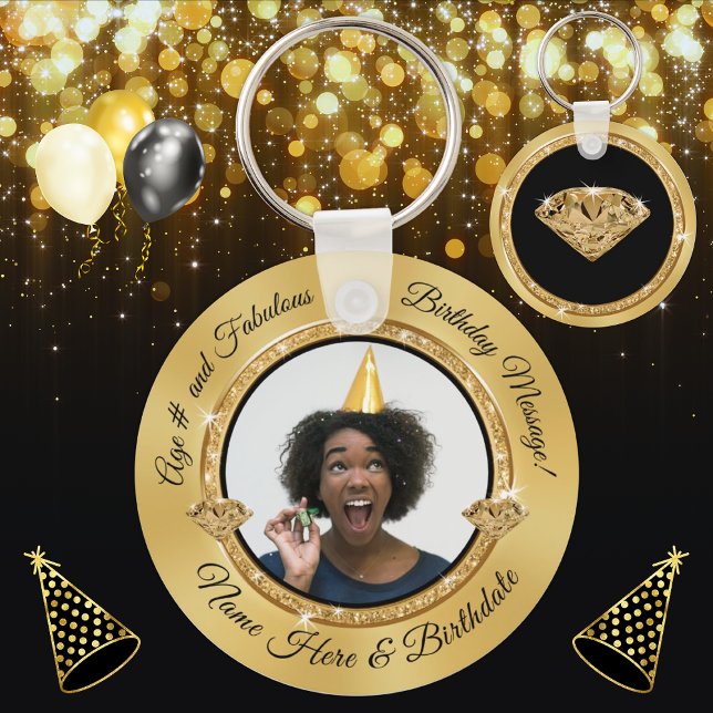 Your Photo Black and Gold Birthday Party Favors Keychain (Creator Uploaded)