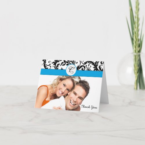 Your Photo Black Damask Aqua Borders Thank You