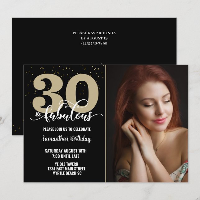 Your Photo Black Gold 30 Fabulous Birthday Party   Invitation (Front/Back)
