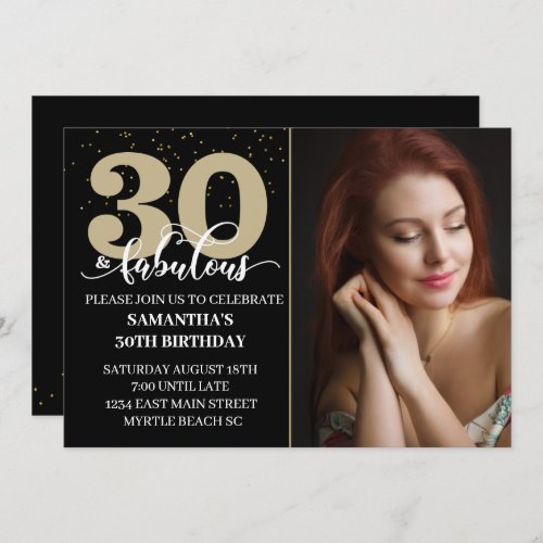 Your Photo Black Gold 30 Fabulous Birthday Party   Invitation