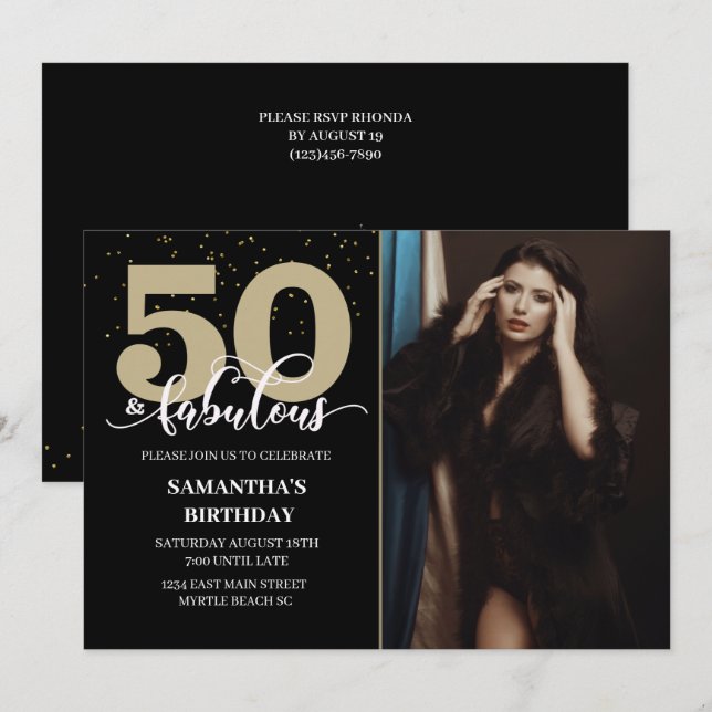 Your Photo Black Gold 50 Fabulous Birthday Party Invitation (Front/Back)
