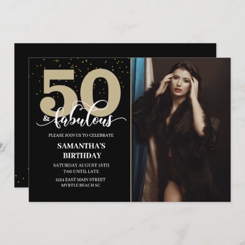 Your Photo Black Gold 50 Fabulous Birthday Party Invitation