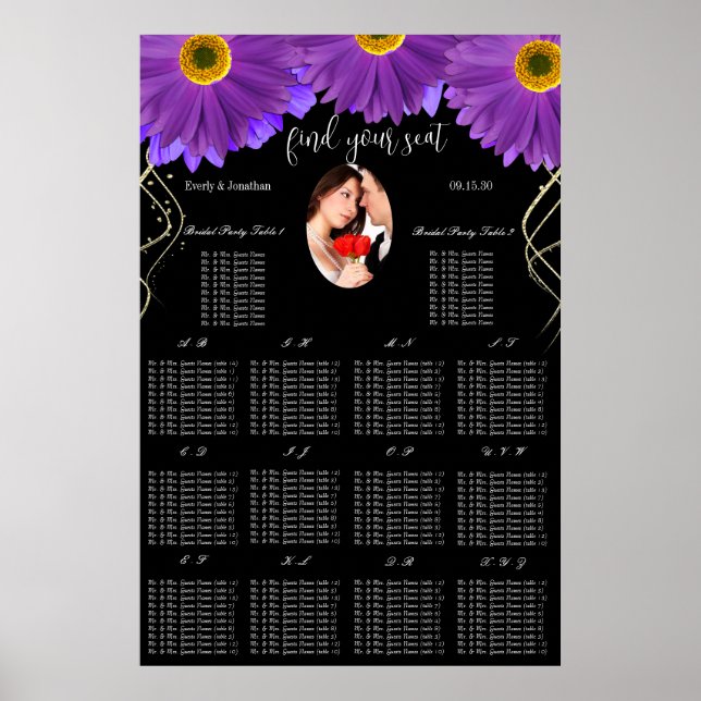 Your Photo Black & Plum Gerber Daisy Seating Chart (Front)