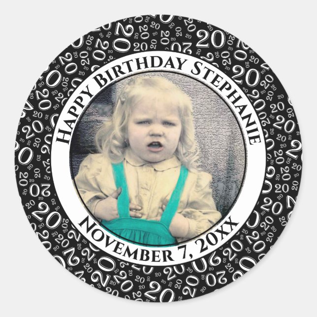 Your Photo Black/White 20 Random Number Pattern  Classic Round Sticker (Front)