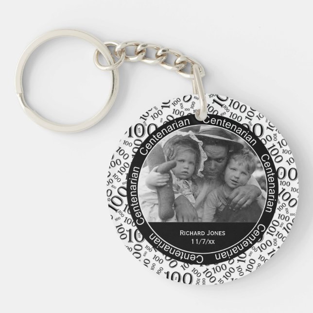 Your Photo - Black/White Centenarian Party Favor Keychain (Front)